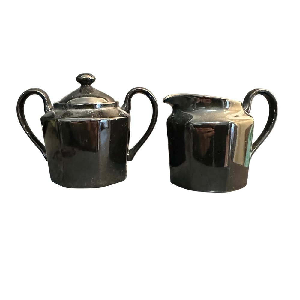 Fitz and Floyd Cream Sugar Set Art Deco Black Ceramic Octagonal Japan MCMLXXVIII